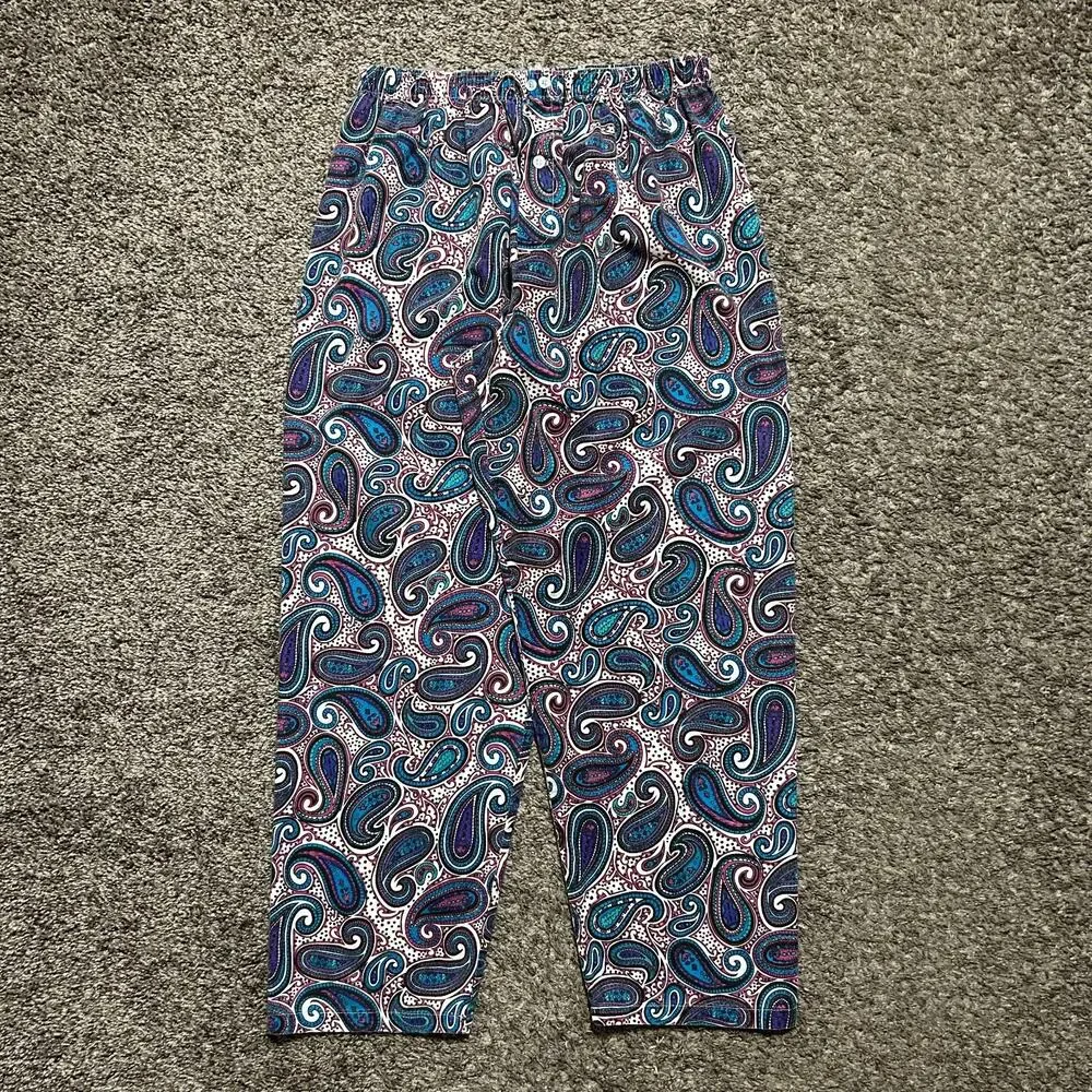 Vintage 80s Paisley Pants Elastic Waist Baggy Wide Leg Unisex Cotton 32-34